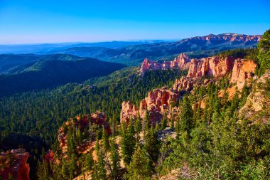 Güneş ışığı ikonik kırmızı kaya kabadayılarını ve yoğun çam ormanlarını aydınlatıyor Bryce Canyon Ulusal Parkı Utah 'ın manzaralı yolu boyunca çarpıcı bir panoramik manzara yaratıyor..