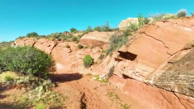 Hava uçuşları, gösteriler, kızıl uçurumlar, çöl bitkileri ve St. George Utah yakınlarında çarpıcı kaya oluşumları. Parlak güneş ışığı ve açık bir gökyüzü dramatik ve davetkar bir manzara yaratıyor..