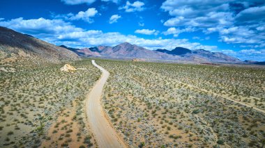 Nevada Çölü boyunca uzanan dolambaçlı toprak bir yolun havadan görünüşü Altın Butte Ulusal Anıtı dağları ve parlak mavi gökyüzünün altındaki dağınık bitki örtüsü.