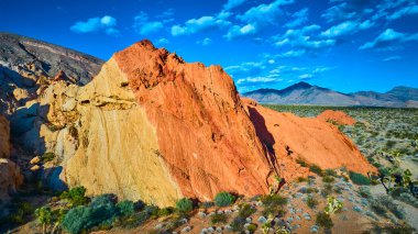 Parlak kumtaşı uçurumları, çöl bitkileri ve Nevada 'daki parlak mavi gökyüzünün altında Whitney Pocket' in uçsuz bucaksız engin genişliği ile birlikte Gold Butte Ulusal Anıtı 'nın çarpıcı hava manzarası.