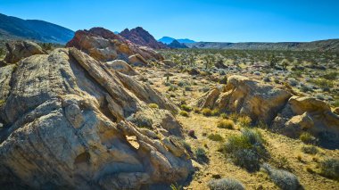 Güneşli kumtaşı oluşumları, açık mavi gökyüzü altında seyrek çalılar ve uzak dağ manzaralarıyla çevrili, Nevada 'daki Whitney Pocket Ulusal Anıtı' nın engebeli çöl zemininden yükseliyor.