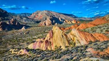 Canlı kumtaşı oluşumlarının havadan görünüşü Joshua ağaçları ve parlak mavi gökyüzünün altındaki Whitney Pocket Ulusal Anıtı 'ndaki engebeli çöl arazisi