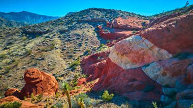 Parlak kırmızı ve beyaz kumtaşı kayaları engebeli tepelerin ve açık mavi gökyüzünün altında Whitney Pocket ve çöl jeolojisini vurgulayan Nevada Ulusal Anıtı 'nda seyrek bir bitki örtüsünün arasında yer alır.