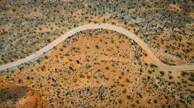 Nevada 'daki Gold Butte Ulusal Anıtı' nda seyrek çöl bitkisi bulunan dolambaçlı toprak bir yolun hava manzarası Whitney Pocket yakınlarındaki engebeli manzarayı gösteriyor.