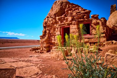 Yıpranmış taş kalıntıları, Vermilion Kayalıkları 'nın yakınındaki Arizonas Mermer Kanyonu' ndaki çiçek açan çöl bitkilerinin arasında, canlı mavi gökyüzünün altında Amerikan direnci ve macerasının ruhunu yansıtıyor.