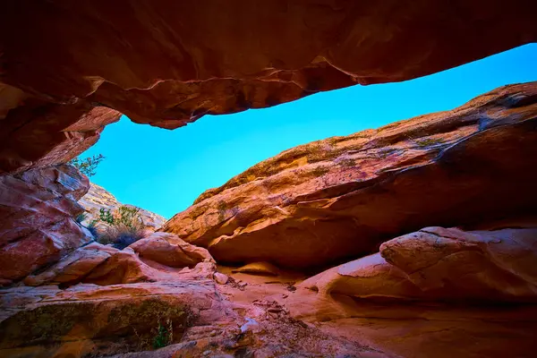 Nevada 'daki Gold Butte Ulusal Anıtı' nda katmanlı kırmızı kayalarla doğal kemer oluşumu engebeli bir çöl ortamında karalama böceği kemerinin çarpıcı jeolojisini gözler önüne seriyor.