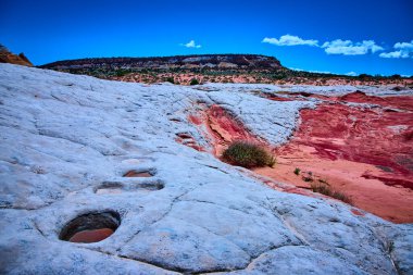 Süpürülen beyaz kumtaşı, canlı kırmızı kaya katmanları ve engebeli kayalar Vermilion Kayalıkları yakınlarındaki Beyaz Cep 'in büyüleyici çöl manzarasını tanımlar..