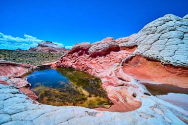 Kırmızı ve beyaz taşlardan oluşan hareketli girdaplar, sakin bir yansıtıcı havuz ve süpürücü çöl düzlükleri Vermilion Kayalıkları Ulusal Anıtı, Arizona, ABD 'deki Beyaz Cep' in eşsiz jeolojisini gözler önüne seriyor.