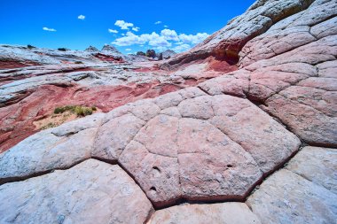 Vermilion Cliffs Ulusal Anıtı Arizona 'daki Ak Cepte karmaşık çatlak kaya oluşumları canlı mavi gökyüzünün altında Güneybatı Çölü manzarasının saf güzelliğini ve macerasını yakalıyor.