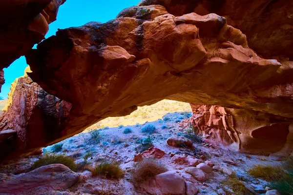 Gold Butte Ulusal Anıtı Nevada 'da doğal kemer oluşumu. Kırmızı kumtaşı çöl arazisi ve açık mavi gökyüzü altında seyrek bitki örtüsü macera ve yalnızlığı çağrıştırıyor.
