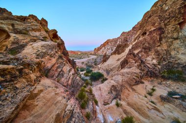 Renkli çöl kaya oluşumları ve ender bitki örtüsüyle çevrili dolambaçlı bir yol Gold Butte Ulusal Anıtı Nevada 'daki Whitney Pocket' da akşam karanlığında