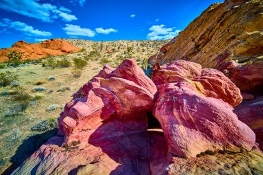 Parlak mavi gökyüzünün altındaki çöl çalıları ve tepelerin arasında parlak kırmızı kumtaşı oluşumları duruyor. Nevada Altın Göt Ulusal Anıtı 'nda Whitney Pocket ve benzersiz jeolojiyi vurguluyor.
