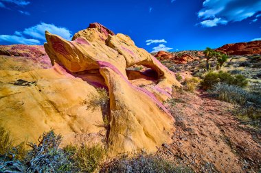 Canlı Napoli kemeri oluşumu dramatik çöl manzarasına ve Nevada Altın Göt Ulusal Anıtı 'ndaki mavi gökyüzüne karşı duruyor. Doğal güzelliği ve eşsiz jeolojiyi ön plana çıkarıyor.