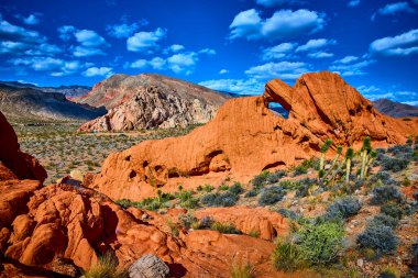 Kırmızı kaya kemeri oluşumu engebeli çöl bitkilerinin arasında duruyor. Uzak dağlarla birlikte, parlak mavi gökyüzü altında, Whitney Pocket in Gold Butte Ulusal Anıtı Nevada 'da.