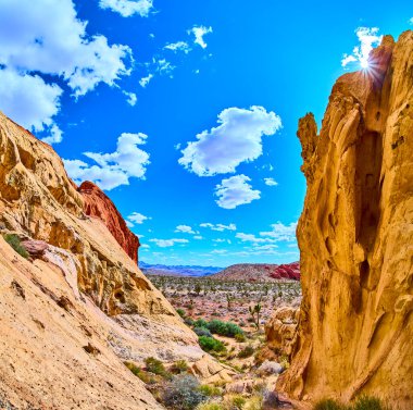 Güneş ışığı kumtaşı oluşumları ve Joshua ağaçları Nevada Çölü boyunca uzanır Altın Kalça Ulusal Anıtı 'nda panoramik manzaralı ve dramatik bulutlar Whitney Pocket ve The Cistern' ı vurgular.