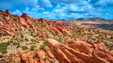 Utah Kanyon Noktası 'ndaki dramatik kırmızı kumtaşı tepeleri ve kuleleri gökyüzü altında dalgalı bulutlarla dolu canlı çöl bitkileri. Doğa ve macera için mükemmel.