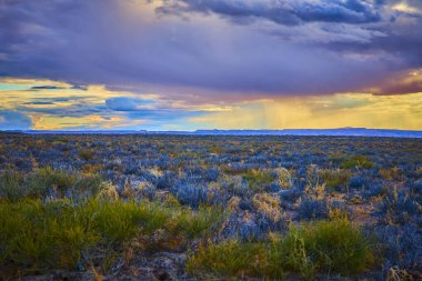 Dramatik günbatımı bulutları ve güneş ışınları Powell Utah Gölü yakınlarındaki engin çalı çölü aydınlatır. Uzaktan yağan yağmurla, Amerikan güzelliğinin ve yalnızlığının görüntüsünü yakalar.
