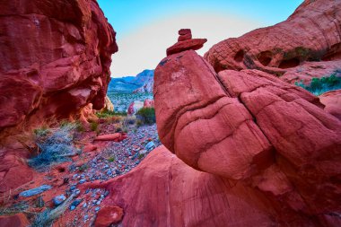 Altın Göt Ulusal Anıtı Nevada 'daki sert kayalar ve çöl bitkileriyle çevrili canlı kırmızı kumtaşının üzerinde oturan grevci bir cairn Whitney Pocket' in güzelliğini vurguluyor.