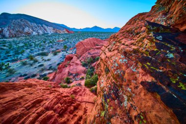 Parlak kırmızı kumtaşı kayalıkları çöl vadisine ve uzak dağlara bakan Whitney Pocket yakınlarındaki, Nevada 'daki Gold Butte Ulusal Anıtı' na bakıyor.