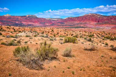 Utah 'taki Kanab ve Paria Kasabası yakınlarındaki kumlu çöl tepelerinin üzerinde canlı kırmızı ve turuncu kumtaşı uçurumları yükseliyor ve Amerika' nın güneybatı vahşi doğasının görkemli güzelliğini yakalıyor..