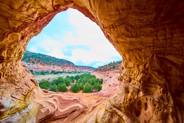 Kanab Utah yakınlarındaki dokulu bir kumtaşı mağarasının içinden bakıldığında kırmızı kaya tepeleri, canlı ardıç ağaçları ve parlak güneş ışığı altındaki uzak mesafelere sahip dramatik bir çöl manzarasını gözler önüne seriyor.