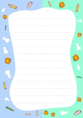 Kalemler, elmalar ve silgilerle çevrili çizgili kağıtlar içeren harika bir kırtasiye tasarımı. Öğretmenler ve sanatçılar için ideal. İndir şimdi..