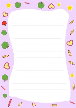 Şirin ve renkli kırtasiye şablonu çocuklar için idealdir. Okul projeleri, içinde elma, kalp yıldızları ve mor bir arkaplan bulunan mektuplar.