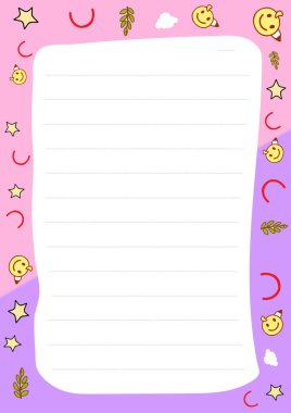 Yıldızların uydularını gösteren sevimli kağıt şablonlar gülen yüzler ve yapraklar. Not almak için idealdir. Günlük tutmak ya da çocuk işçiliği projeleri almak için..