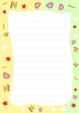 Elle çizilmiş alfabe harfleri ve kırtasiye defterleri ya da çocuk aktiviteleri için ideal şirin elementlerle süslü sevimli bir kağıt şablonu..