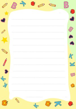 Elmalar, kalemler ve çocuklar için okul notlarına, çizimlerine ya da yaratıcı yazarlığa dönmek için ideal harflerin yer aldığı sevimli bir kırtasiye şablonu. İndir şimdi.