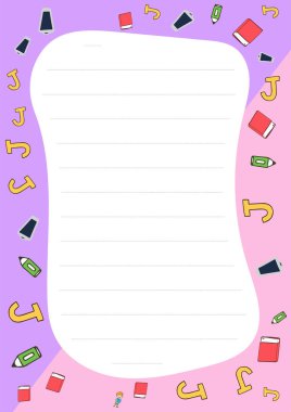 Renkli kitaplar, kalemler ve mektuplarla dekore edilmiş sevimli çizgili defter şablonu öğrenciler, sanatçılar ya da eğlenceli bir yazı alanı arayan herkes için idealdir..