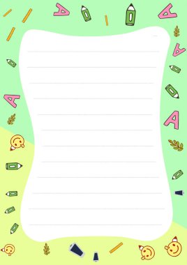 Sevimli okul malzemeleri çocuk projeleri, notlar ve yaratıcı yazılar için ideal kırtasiye şablonu. Şirin çizimleri olan çizgili kağıt tasarımı özelliği.