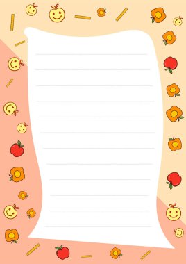 Elma çiçekleri ve gülen yüzlü sevimli kırtasiye tasarımı not almak için idealdir.