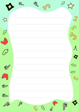 Açık yeşil arka plan, çizgi kağıt ve oyuncu karalamaların yer aldığı bu sevimli kırtasiye şablonunu indirin. Günlük tutmak, not almak veya yaratıcı projeler için ideal.