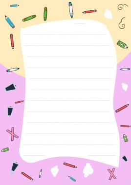 Okul tasarımına geri dönmek çok güzel. Çizgili kağıtlar ve oyuncu kalemler notlar ya da günlükler için mükemmel. Bu serbest şablonu indir.