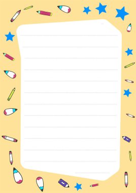 Oyuncak kalemler ve yıldızlarla sınırlandırılmış sevimli kağıt şablonu çocukların okul projeleri veya yaratıcı yazma alıştırmaları için idealdir..