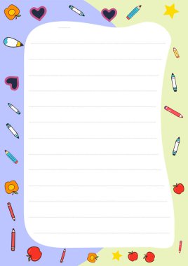 Elmalar, kalemler ve kalplerle dolu okul kırtasiyesine geri dönün. Notlar, günlükler ya da çocuk el sanatları için harika. İndir şimdi.