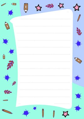 Defter tutmak ya da not tutmak için harika bir kırtasiye şablonu. Özellikleri yıldızlar ve yapraklar. İndirme ve yazdırma.