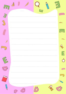 Çocuk notları ya da yaratıcı yazılar için ideal okul malzemeleri ve eğlenceli mektuplarla süslenmiş hoş bir kağıt şablonu.