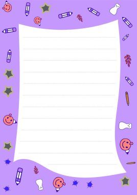 İçinde balkabakları, yıldızlar, kalemler ve mor arka planda hayaletlerle süslenmiş çizgili bir not defteri olan Cadılar Bayramı temalı harika bir kırtasiye malzemesi. Çocuklar ve günlük için ideal..