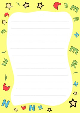 Sarı arkaplan, çizgili kağıt, yıldızlar ve renkli harfler içeren sevimli kırtasiye tasarımı çocuk notları veya sanat eserleri için idealdir..