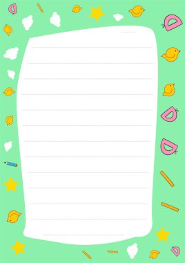 Oyuncak kuşlar, yıldızlar ve bulutlarla çevrili çizgili sevimli bir not defteri tasarımı çocuklar için hoş bir şablon.