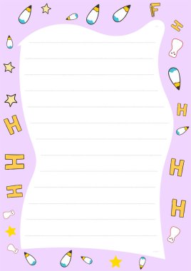 Yıldızlar, kalemler ve harflerin yer aldığı sevimli çizgili not kağıdı tasarımı. Notlar, günlükler ya da okul ödevleri için ideal. İndir ve kişiselleştir.