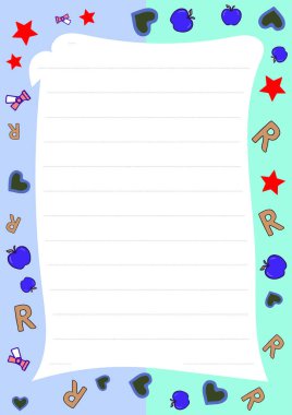 Elmaların, kalplerin, yıldızların ve çizgi kağıtların olduğu sevimli bir kırtasiye şablonu. Çocuk notları, mektuplar ya da günlükler için ideal. İndir şimdi.