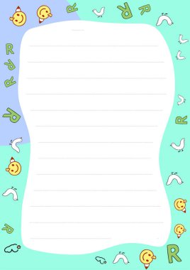 Neşeli kuşlar, gülen yüzler ve mektuplarla çevrili çizgili sevimli kırtasiye tasarımı. Not, günlük ya da çocuk el işi için ideal..