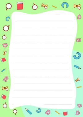 Renkli alfabe harfleri, kalemler, kitaplar ve çocuk notları veya çizimleri için ideal diğer okul malzemelerinin yer aldığı hoş çizgili kağıt şablonu.