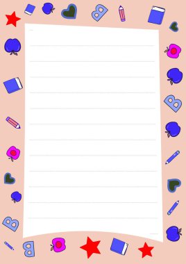 Elmalar, kitaplar, yıldızlar, kalemler ve çocuklar için mükemmel çizgili bir not defteri içeren okul kırtasiyesine geri dönmek çok güzel. Not almak ya da günlük tutmak için harika.