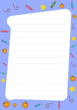 Çizgili kâğıt kalemler ve yıldızlarla dolu okul kırtasiye şablonu. Günlük tutmak ya da el işi yapmak için mükemmel.