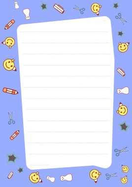 Çocuklar ya da kırtasiyeciler için ideal çizgili not defteri kalıbı. Gülen yüzler, kalemler, yıldızlar ve makaslar dahil sevimli karalamalar. Tasarım projeleriniz için şimdi indirin.