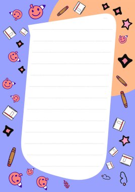 Sevimli çizgi film karakterleri, yıldızlar, kalemler ve kırtasiye malzemeleriyle süslenmiş çizgili not defteri şablonu. Çocuklar ya da eğlence projeleri için ideal.